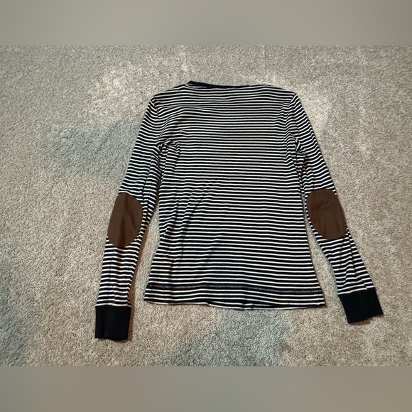 Lauren Ralph Lauren Striped Elbow Patch Top Black White Zip Shoulder - Picture 2 of 5